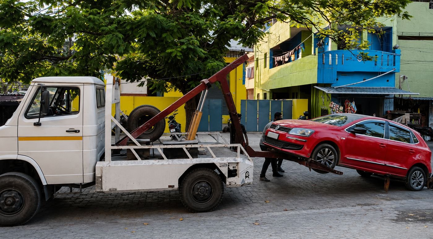 Tow truck operator securing a red hatchback for towing on a residential street in Bangalore